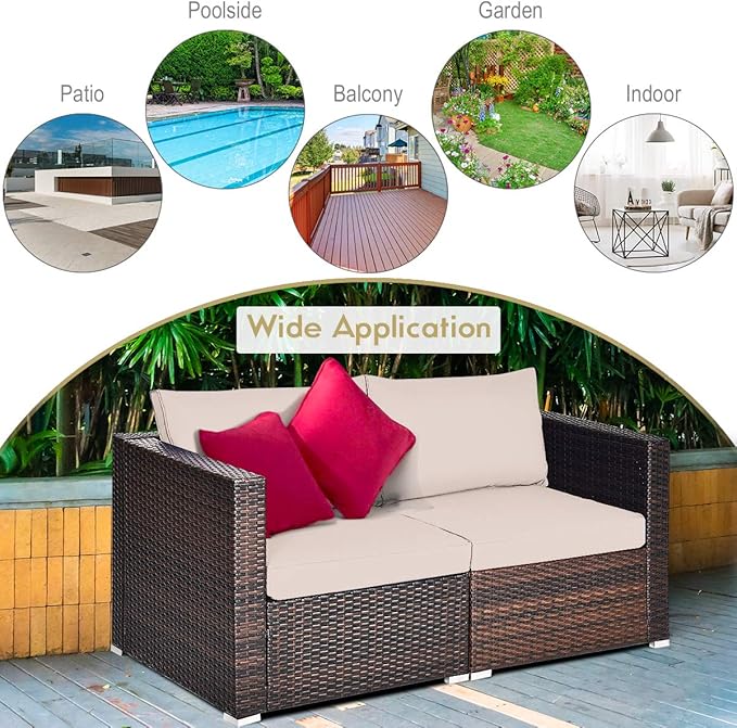 Tangkula Wicker Loveseat 2 Piece, Patio Furniture Couch with Removable Cushions, Rattan Loveseat Sofa for Balcony, Deck - Photo 6