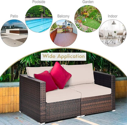 Tangkula Wicker Loveseat 2 Piece, Patio Furniture Couch with Removable Cushions, Rattan Loveseat Sofa for Balcony, Deck, Garden and Poolside