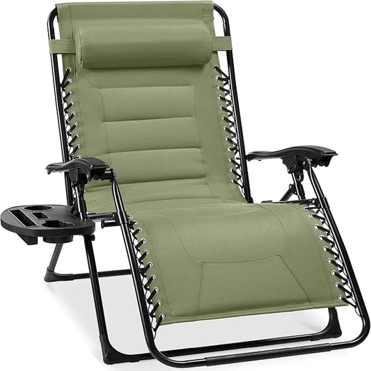 Best Choice Products Oversized Padded Zero Gravity Chair, Folding Outdoor Patio Recliner, XL Anti Gravity Lounger for Backyard w/Headrest, Cup Holder, Side Tray, Polyester Mesh - Sage Green