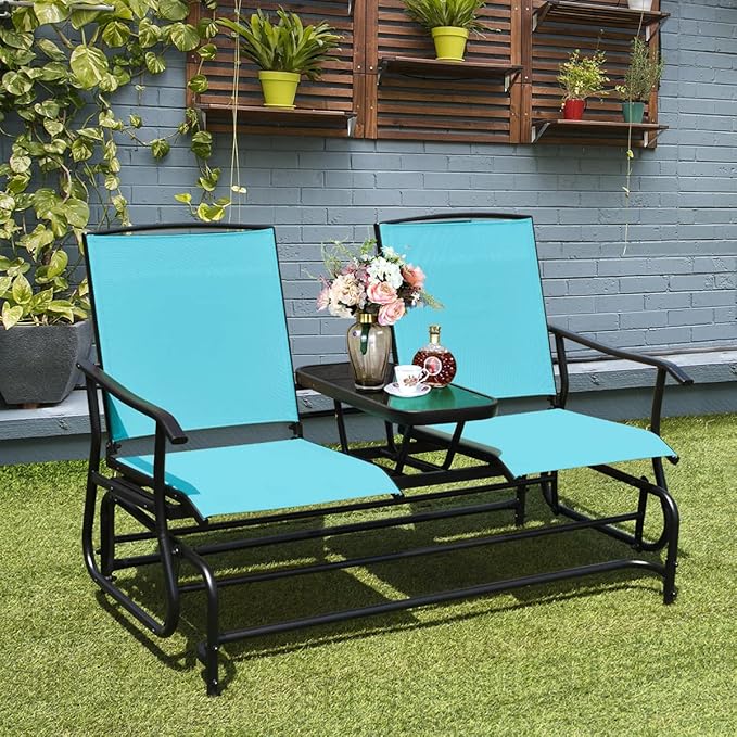 Giantex Patio Bench Glider Chair with Metal Frame, Center Tempered Glass Table - Photo 2