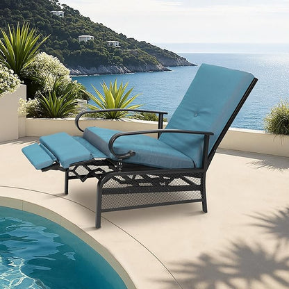 Incbruce Outdoor Lounge Chair Patio Furniture Adjustable Recliner with Retractable Steel Frame and Removable Thick Cushions - Peacock Blue