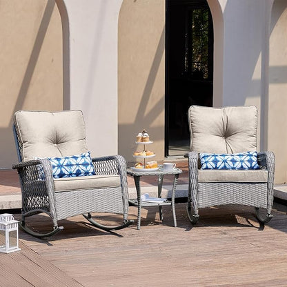 UDPATIO 3 Piece Patio Furniture Set, Wicker Rocking Bistro Set with 2 Rockers, 1 Side Table and 4‘’ Thick Cushions for Backyard, Porch, Balcony, Poolside, Grey/Beige