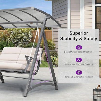 PURPLE LEAF Porch Swing 2 Person Patio Swing Chair with PVC Canopy Outdoor Deluxe Modern Yard Hammock Swinging Chairs w/Solar LED Light and Cushions for Backyard Glider Outside Loveseat Bench