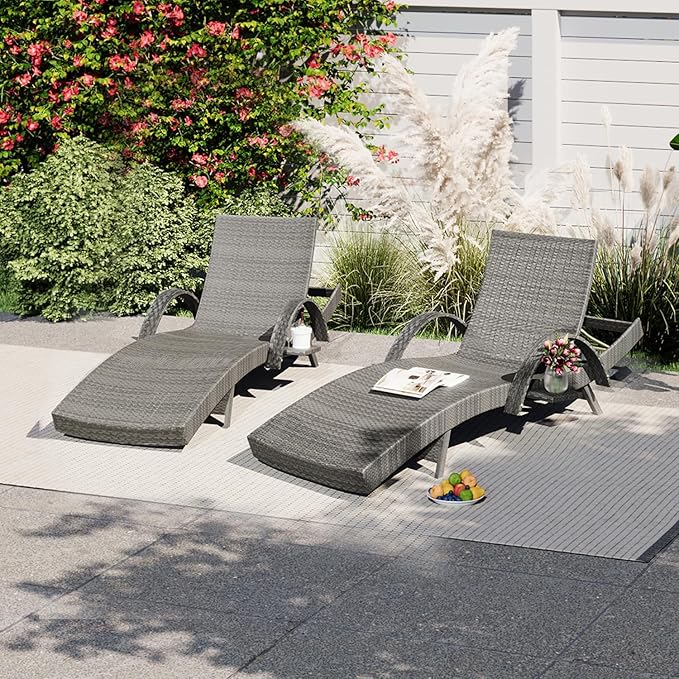 Yayzy 80'' Long Outdoor Wicker Chaise Lounge Chairs Set of 4, Patio Rattan Reclining Chair with Adjustable Backrest & Armrests, Durable PE Rattan Sunbathing Chairs for Pool, Garden, Backyard, Grey