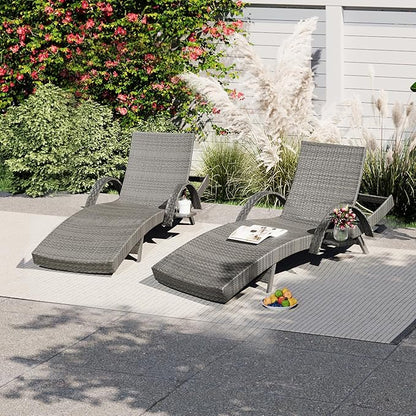 Yayzy 80'' Long Outdoor Wicker Chaise Lounge Chairs Set of 4, Patio Rattan Reclining Chair with Adjustable Backrest & Armrests, Durable PE Rattan Sunbathing Chairs for Pool, Garden, Backyard, Grey