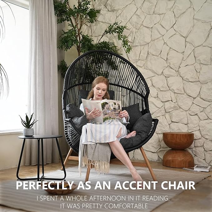 Grand patio Outdoor Egg Chair PE Wicker Wood Grain Finish Comfortable Conversation Chair with Olefin Cushion Oversized Lounger Chair with Stand for Porch, Backyard, Living Room - Dark Grey