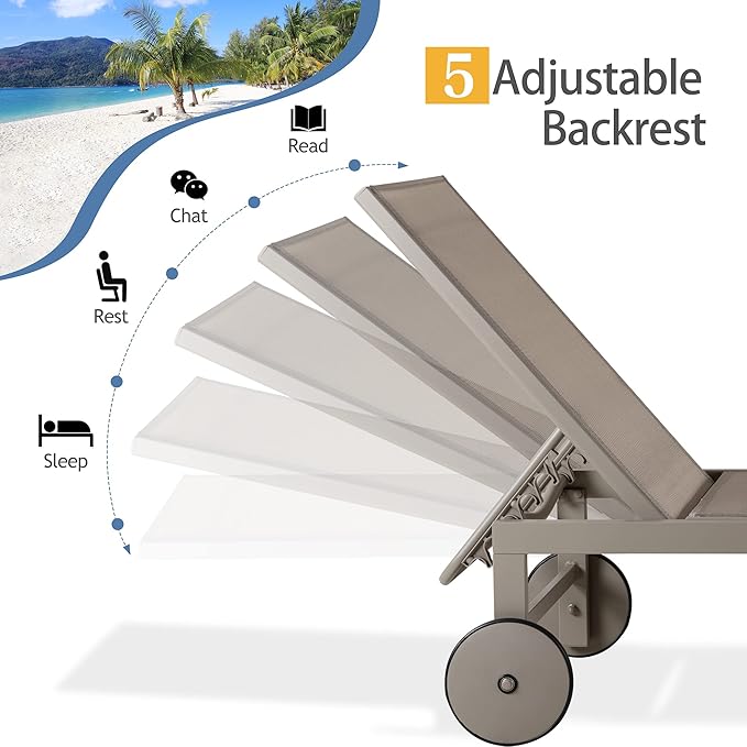 QAQA 4 PCS Outdoor Chaise Lounge with Wheels, Aluminum Patio Lounge Chairs with 5 Adjustable Positions for Poolside, Beach, Yard, Khaki