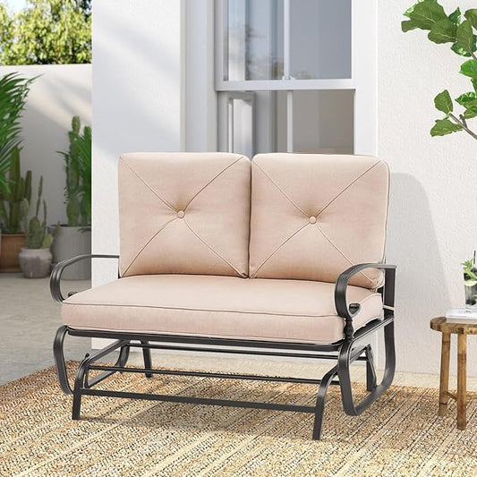 Outdoor Glider Rocking Bench 2 Person Patio Loveseat Steel Frame Furniture Set for Patio, Garden, Yard, Porch with Resistant Cushions (Brown)