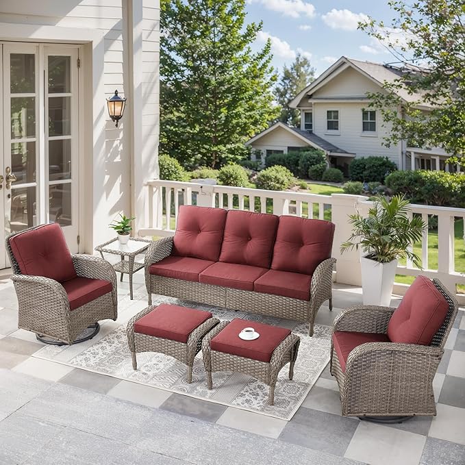 6 Pieces Outdoor Furniture-Patio Swivel Rocker Chairs Set of 2 3-Seater Wicker Couch with Outdoor Ottoman Outdoor Patio - Photo 1