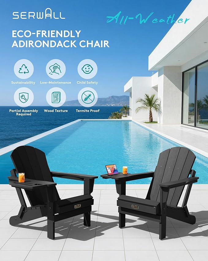 SERWALL Foldable Adirondack Chair Set of 2, Adirondack Chairs with 4 in 1 Multi-Functional Cup Holder, Weather Resistant Plastic Chair for Patio Garden Outdoors Fire Pit-Blue