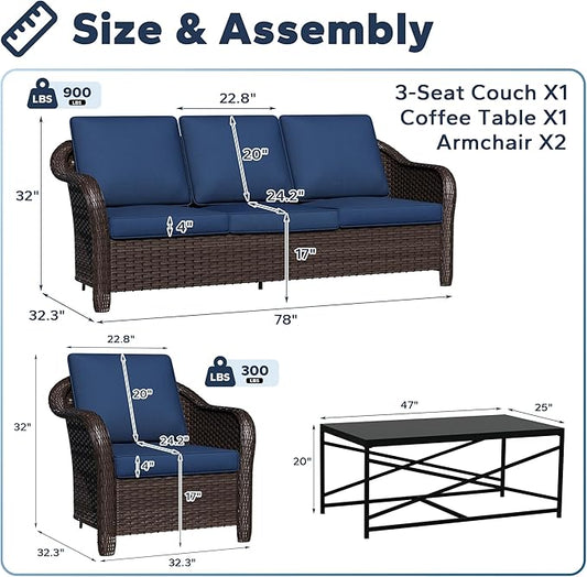 4 Pieces Patio Outdoor Conversation Furniture Set, 78" 3-Seat Couch, 2 Chairs, 47" Metal Coffee Table, Rattan Wicker Sofa with Washable Cushions for Garden, Deck (Navy Blue)