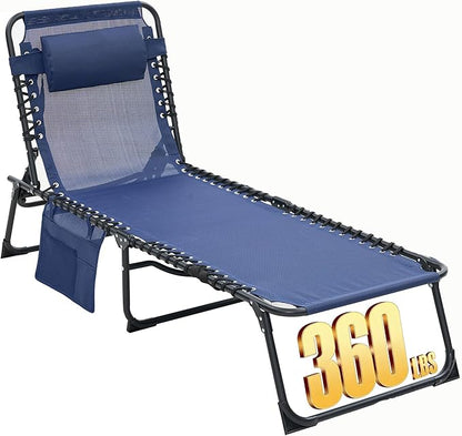 Folding Chaise Lounge Chair, Patio Teslin Tanning Chair, Outdoor Beach Lounge Chair with 5-Position Reclining Back, Breathable Mesh Seat for Beach, Poolside, Patio Sunbathing Navy Blue