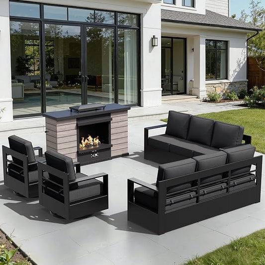 Outdoor Aluminum Furniture Set, 5-Piece Patio Conversation Set, 2 Swivel Chairs, 2 Sofa and 1 Fireplace, All-Weather Metal Frame, 6" Thick Removable Cushions, Deep Setting for Garden and Porch