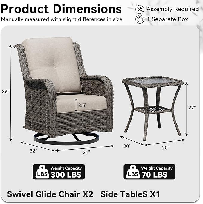 3 Piece Outdoor Wicker Patio Furniture Set, Swivel Rocker Patio Chairs Set with Thickened Olefin Cushions - Photo 2