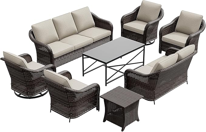 7 Pieces Patio Conversation Set, 78" Wicker 3-Seat Couch with Washable Cushions, 2 Glider Swivel Rocker Chairs - Photo 9