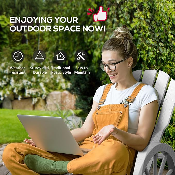 Outsunny Wooden Rocking Chair, Adirondack Rocker with Slatted Design and Oversized Back, Outdoor Rocking Chair with Wagon Wheel Armrest for Porch, Poolside, and Garden, White