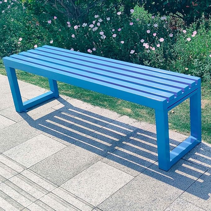 Outdoor Metal Backless Bench 3.3/3.9/4.9/5.9ft Weatherproof Heavy Duty Patio Benches Porch Seating 2-Person Dining Benches Garden Metal Bench Multifunctional Slat Furniture Chair(Blue,3.9ft)