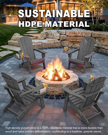 Adirondack Chair Set of 8, HDPE Folding Adirondack Chair with Multifunctional Cup Holder, Weather Resistant Fire Pit Chair for porches, patios, poolsides, Decks.