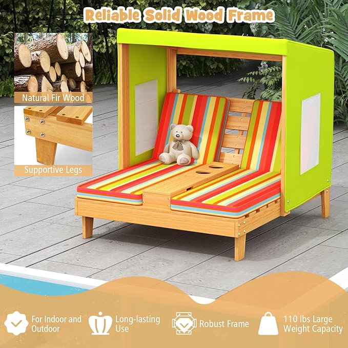 HONEY JOY Kids Chaise Lounge Chair Outdoor, Toddler Wood Double Pool Lounger Chairs w/Canopy, Cup Holders - Photo 7