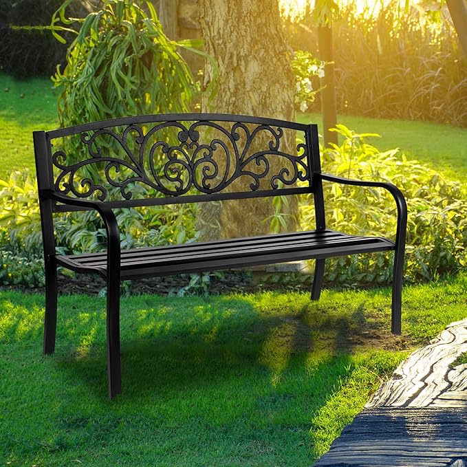 50in Outdoor Garden Park Bench,Outdoor Metal Porch Benches,Weatherproof Patio Park Bench,Outside Leisure Bench,with Butterfly Back and Armrests,for Lawn, Deck, Path, Backyard, Entryway (Black)