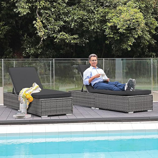 Patiorama Outdoor Patio Chaise Lounge Chair, Elegant Reclining Adjustable Pool Rattan Chaise Lounge Chair with Cushion, Grey PE Wicker, Steel Frame, Dark Grey, Set of 2