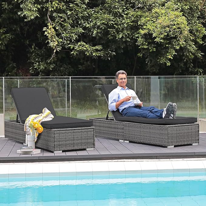 Patiorama Outdoor Patio Chaise Lounge Chair, Elegant Reclining Adjustable Pool Rattan Chaise Lounge Chair with Cushion, Grey PE Wicker, Steel Frame, for Deck, Poolside, Backyard (Dark Grey)