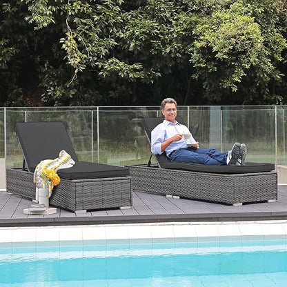 Patiorama Outdoor Patio Chaise Lounge Chair, Elegant Reclining Adjustable Pool Rattan Chaise Lounge Chair with Cushion, Grey PE Wicker, Steel Frame, for Deck, Poolside, Backyard (Dark Grey)
