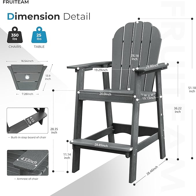 FRUITEAM High-Adirondack-Chairs Set of 2 with Connecting Tray, Outdoor Weather-Resistant Deck Chairs, Low-Maintenance Poly Balcony Set, for Patio, Poolside, Garden