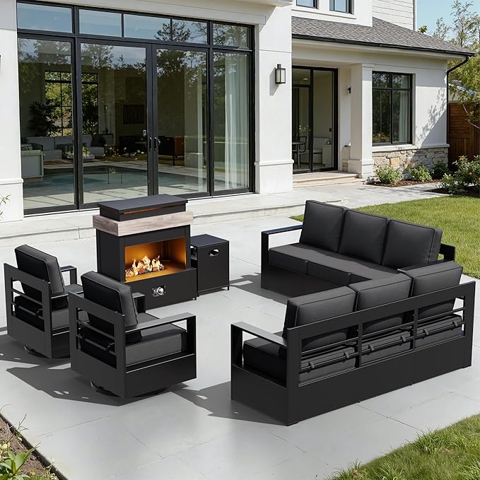 Outdoor Aluminum Furniture Set, 5-Piece Patio Conversation Set, 2 Swivel Chairs, 2 Sofa and 1 Fireplace - Photo 1
