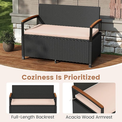 RELAX4LIFE Wicker Outdoor Storage Bench, Rattan Deck Box w/Protective Liner for Patio Furniture Pillows & Garden Tools, Porch Loveseat with Seat Cushion, Acacia Wood Armrests (Black-Beige)