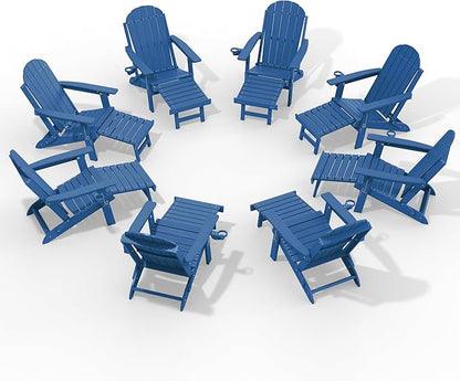 YEFU Adirondack Chair with Retractable Ottoman: Adjustable Folding Adirondack Chairs with Cup Holder - HDPE Plastic Outdoor Fire Pit Chairs Set of 8 - All Weather for Patio/Firepit/Outside/Pool(Blue)