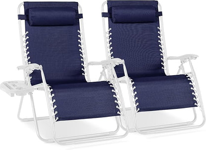 Best Choice Products Set of 2 Extra Wide Adjustable Steel Mesh Zero Gravity Lounge Chair Recliners w/Pillows and Cup Holder Trays - Navy/White