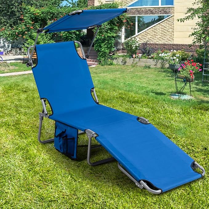 Giantex Tanning Chair, Patio Chaise Lounge Chair with 5 Adjustable Position, Shade Canopy, Storage Pocket, Camping Cot - Photo 2