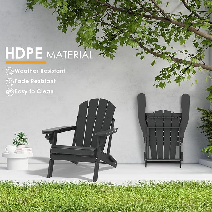 IVY&LANE Folding-Adirondack-Chairs-Set-of-2 | HDPE Plastic | Outdoor Fire Pit Chair with Cup Holder | Black | Poly | Weather Resistant | for Patio Deck Poolside Garden Beach