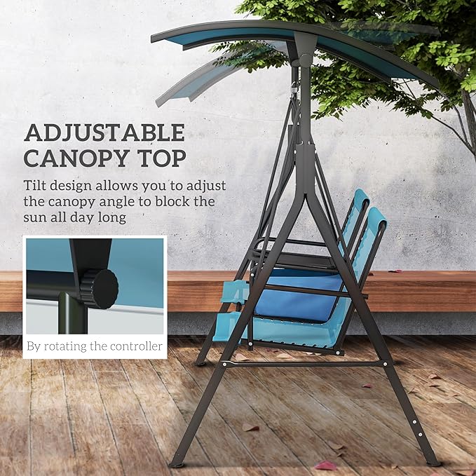 Outsunny 2-Seat Patio Swing Chair, Outdoor Canopy Swing Glider with Pivot Storage Table, Cup Holder, Adjustable Shade - Photo 3