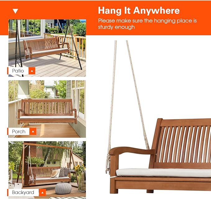 Tangkula 2 Person Hanging Porch Swing, Outdoor Bench Swing with Hanging Ropes, High Back, Cozy Armrests - Photo 8