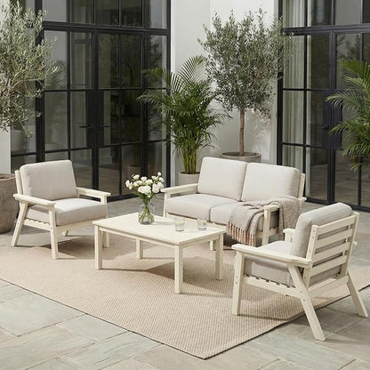 Patio Furniture Set, HDPE Outdoor Sofa Set with Beige Washable Cushions, Patio Conversation Sets for Lawn, Garden, Porch, Balcony & Deck, Durable Outdoor Sectional Furniture (White Frame)