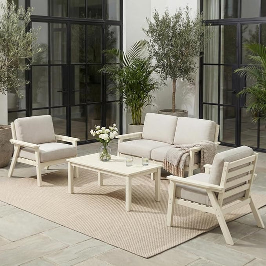 Patio Furniture Set, HDPE Outdoor Sofa Set with Beige Washable Cushions, Patio Conversation Sets for Lawn, Garden, Porch, Balcony & Deck, Durable Outdoor Sectional Furniture (White Frame)
