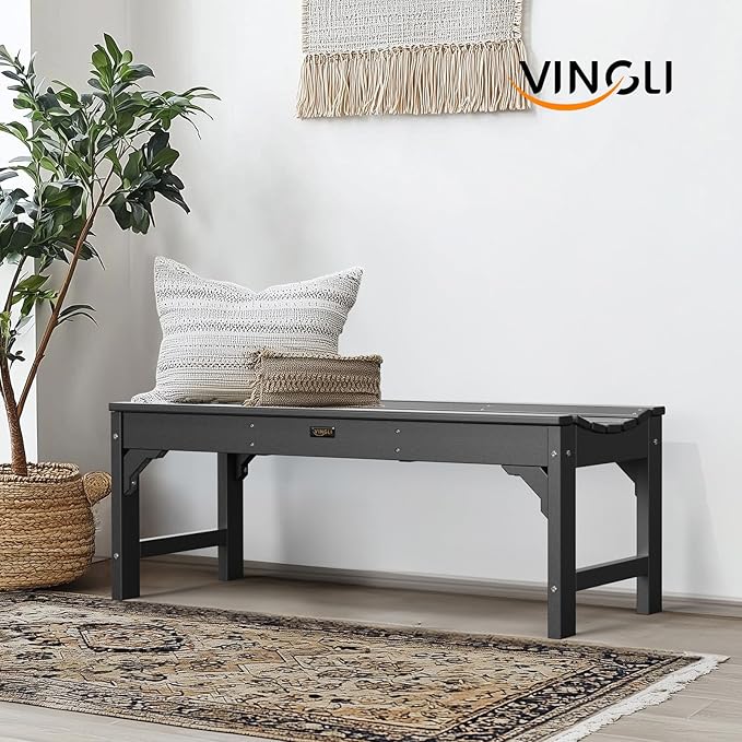 VINGLI Outdoor Bench Garden Bench HDPE Porch Bench, All-Weather Patio Bench, Poly Lumber Oversized Park Bench 800 lbs Weight Capacity (Black)