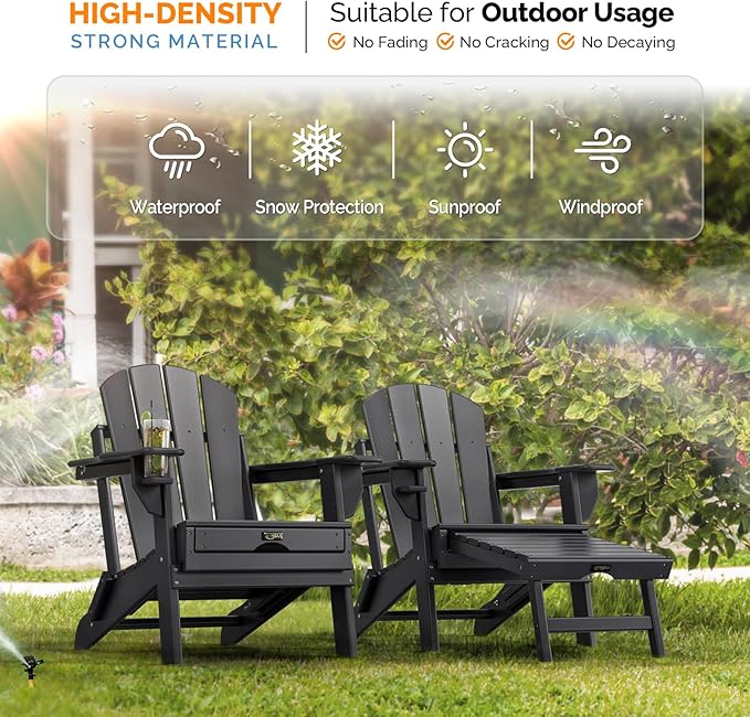 VINGLI Folding Adirondack Chair Set of 4 with Ottoman, Waterproof Plastic HDPE Firepit Chair for Outside with Hidden Footrests, Foldable Ergonomics Seating for Patio Porch Yard Garden(Black)