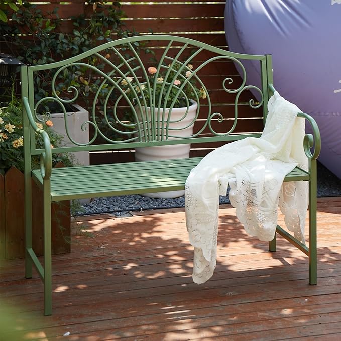 Bench Outdoor Patio Bench Garden Metal Bench with Backrest and Armrests Porch Bench for Yard Porch Balcony Poolside