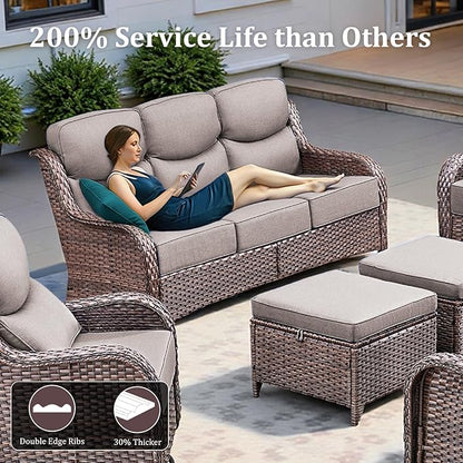 Luxury High Back Patio Furniture Set with 6-Inch Thick Cushions, 7-Pieces Outdoor Furniture with Swivel Chairs, Wicker Conversation Set for Porch, Balcony, Deck and Yard, Brown/Grey