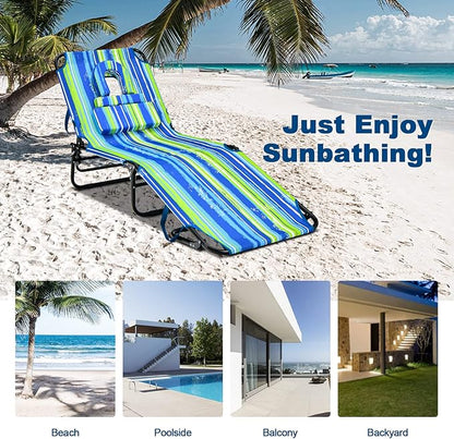 Goplus Tanning Chair, Folding Beach Lounge Chair with Face Hole, Removable Pillow, Carry Strap, Position Adjustable, Sunbathing Chair, Portable Outside Lounge Chair for Patio Pool