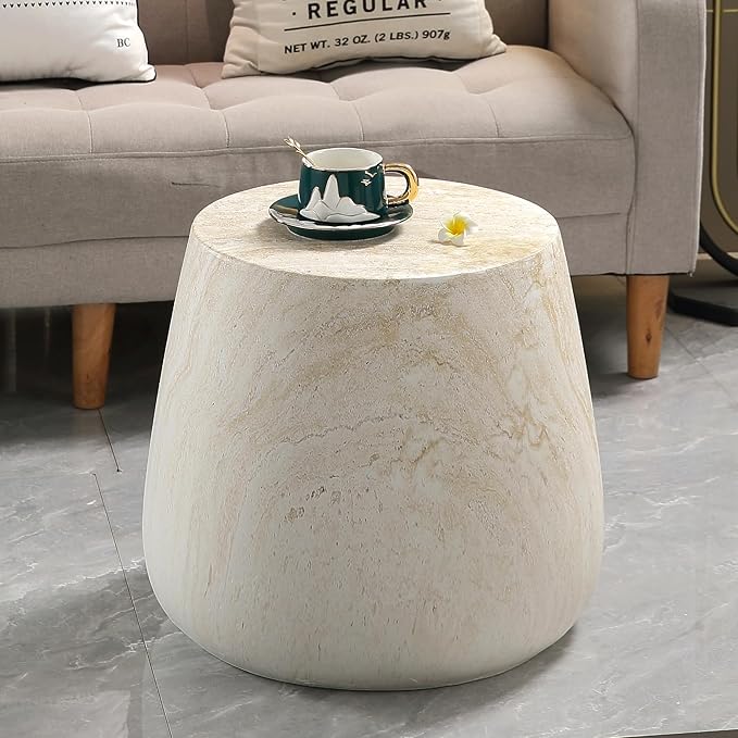 Outdoor Side Table Round Concrete End Table Faux Stone Side Tables Travertine Small Coffee Tables for Indoor Outdoor, Garden Stool Plant Stand for Porch Backyard Patio Faux Marble-Barrel