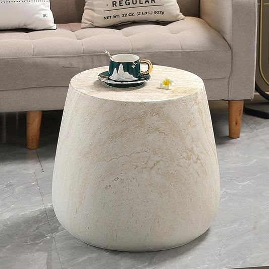 Outdoor Side Table Round Concrete End Table Faux Stone Side Tables Travertine Small Coffee Tables for Indoor Outdoor, Garden Stool Plant Stand for Porch Backyard Patio Faux Marble-Barrel