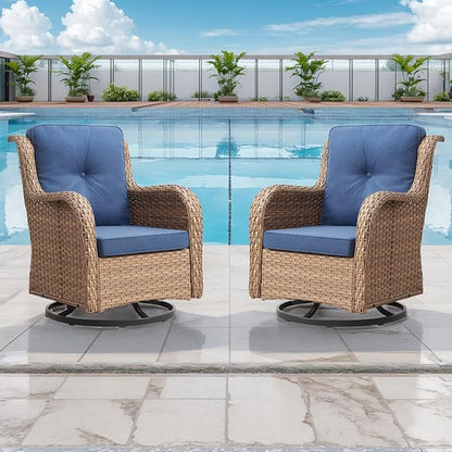 Rilyson Patio Chairs Wicker Outdoor Chair - 6 Piece Rattan Patio Swivel Rocking Chairs Set with Glass Top Side Table for Porch Deck Backyard(Yellow/Blue)