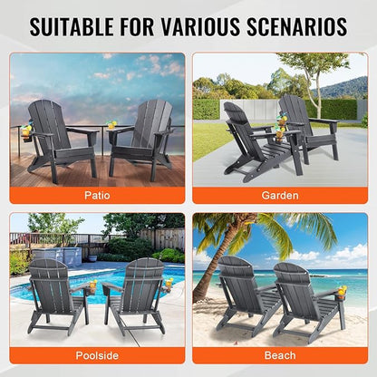 VEVOR Folding Adirondack Chairs Set of 2 with Cup Holder, All-Weather Portable Plastic Fire Pit Chair, Outdoor Adirondack Patio Chair, with Relaxing Arm Rest Ergonomic, for Garden, Backyard, Gray