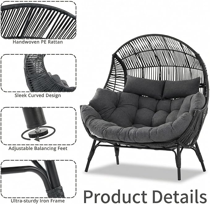 IRONCK Egg Chair Indoor Outdoor, 2 Person Double Egg Loveseat Chair, Oversized Thickened Padded Headrests and Cushions, 680 lbs Wicker Lounge for Balcony, Patio, Garden, Black and Gray