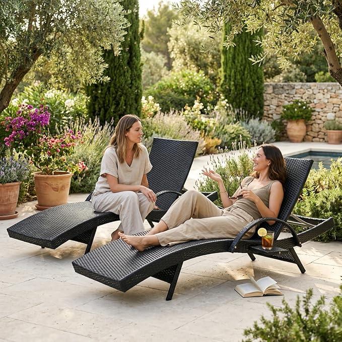 80.3" Chaise Lounge Outdoor Set of 6, Wicker Pool Lounge Chairs Outdoor with Pull-Out Side Table, Adjustable Reclining Patio Chairs, Tanning Chair, Sillas de Patio for Backyard/Balcony/Deck (Black)