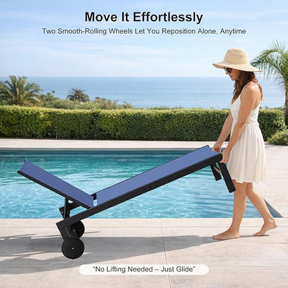 PURPLE LEAF Outdoor Chaise Lounge with Wheels for Outside Aluminum 4 Pieces Patio Lounge Chair with 5 Adjustable Position Recliner for Patio Beach Yard Pool Side Table Included Navy Blue